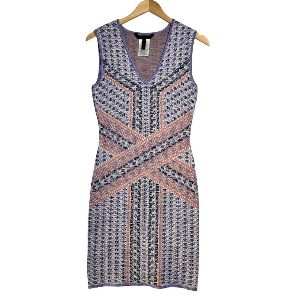 BCBGMAXAZRIA Womens Size Small Knit Bodycon Sheath Dress Geometric Multi